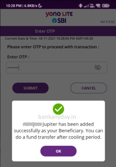 beneficiary added successfully using yono lite