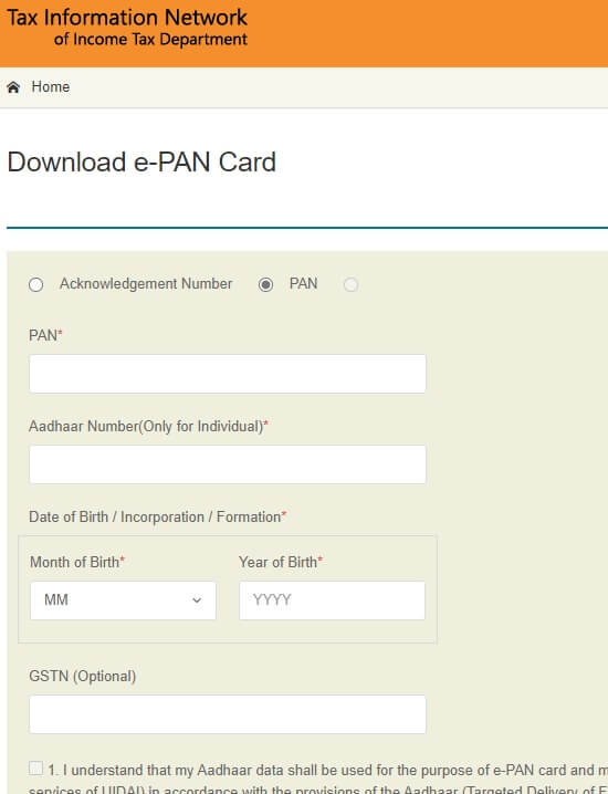enter pan number and dob to download e pan