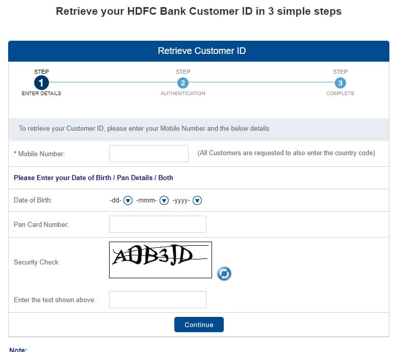 retreive hdfc customer id online