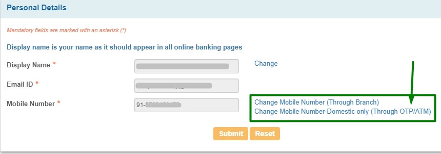 select change mobile number through atm