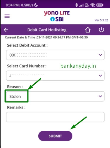 click on dubmit button to block sbi atm using yono lite app