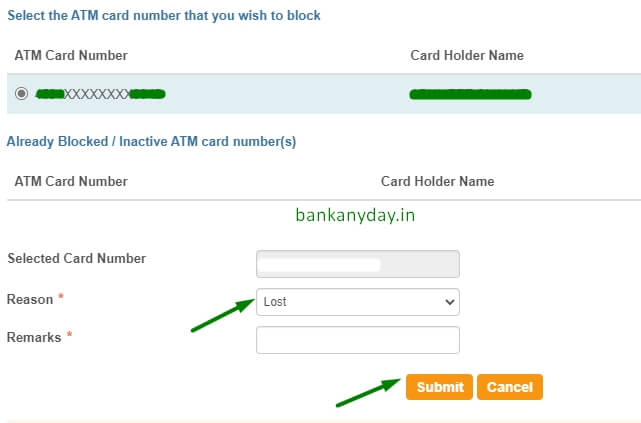 select atm card and select reason to block in sbi netbanking
