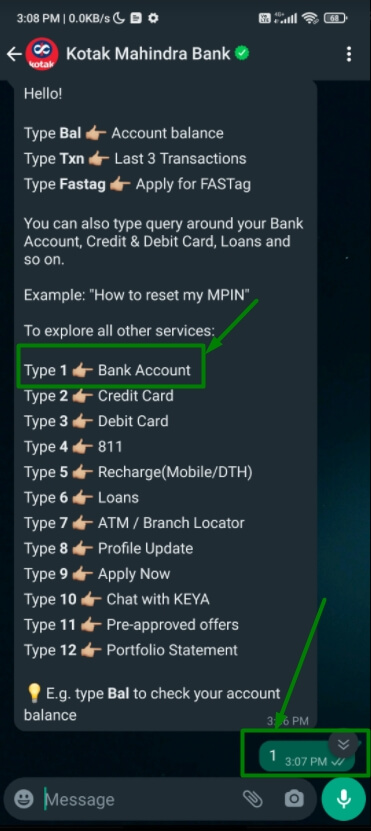 select bank account option in kotak whatsapp banking