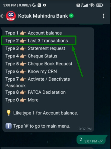 select last 3 transactions in kotak whatsapp banking