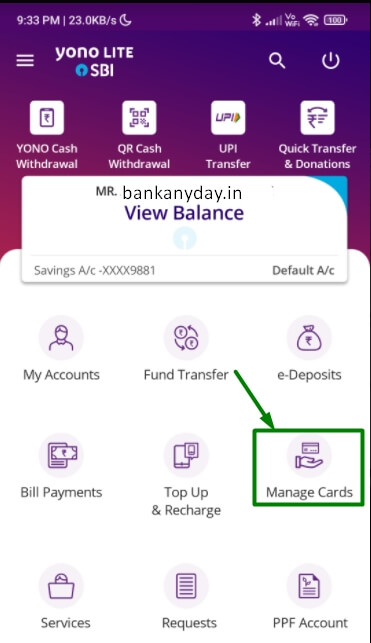 tap on manage cards in yono lite app