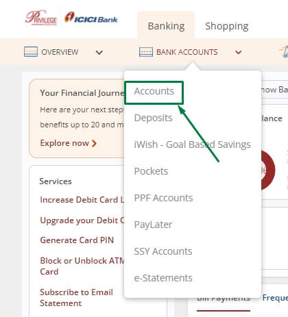click on accounts in icici netbanking