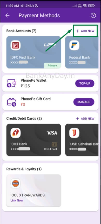 click on add new to add bank account in phonepe