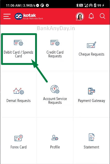 click on debit card in kotak app
