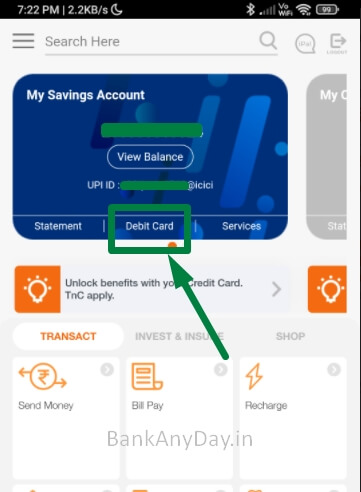 click on debit card option in imobile app