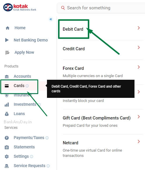 click on debit card option in kotak net banking (1)