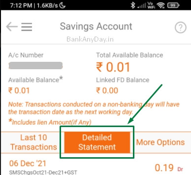 click on detailed statement in imobile pay