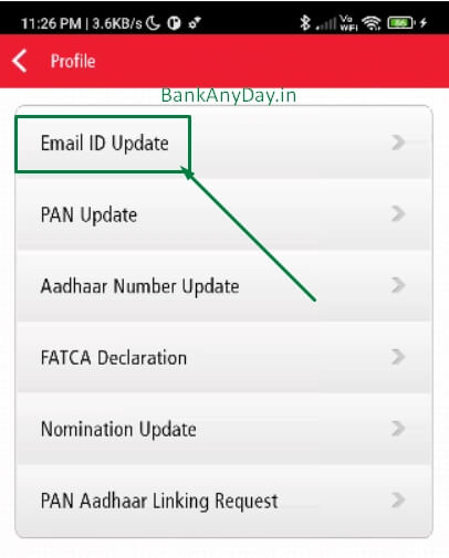 click on email id upate in kotak mobile app