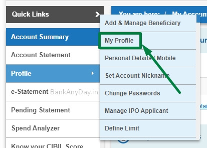 click on my profile option in sbi net banking
