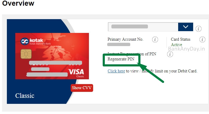 click on regenerate pin in kotak net banking