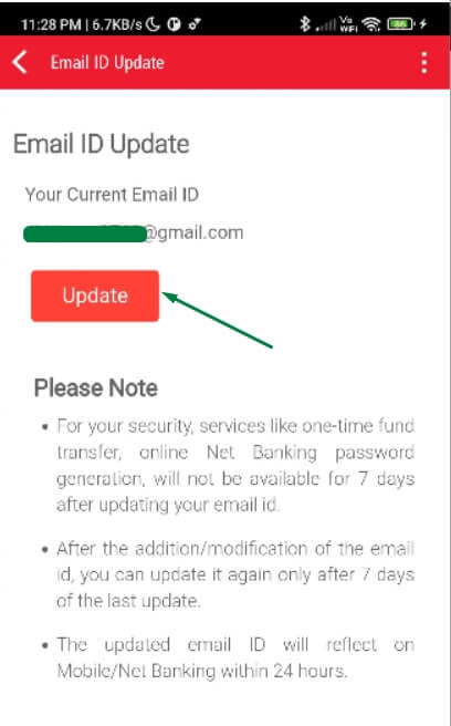 click on update button to change email id in kotak bank