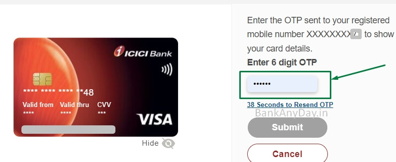 enter otp to view icici debit card number