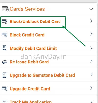 imobile app me block debit card option select kare