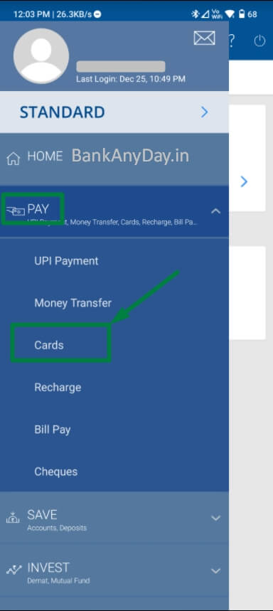 select card option in hdfc app