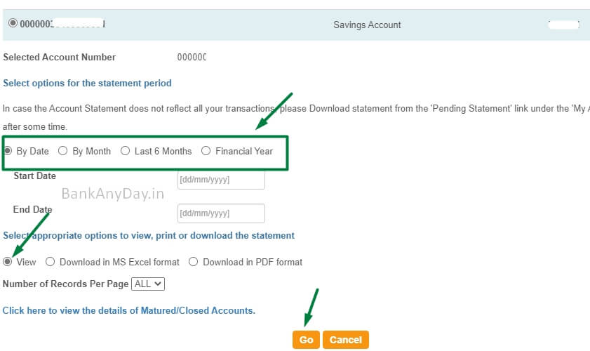 select duration and view sbi statement