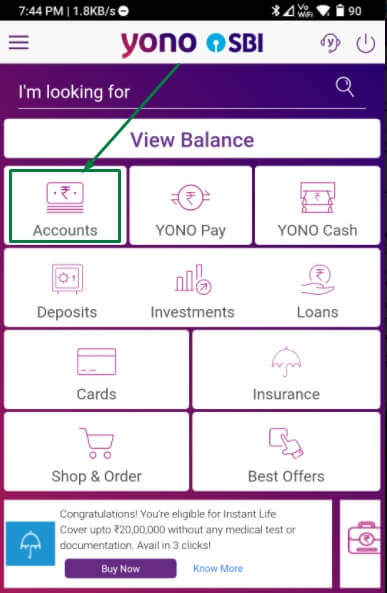 click on accounts option in yono sbi