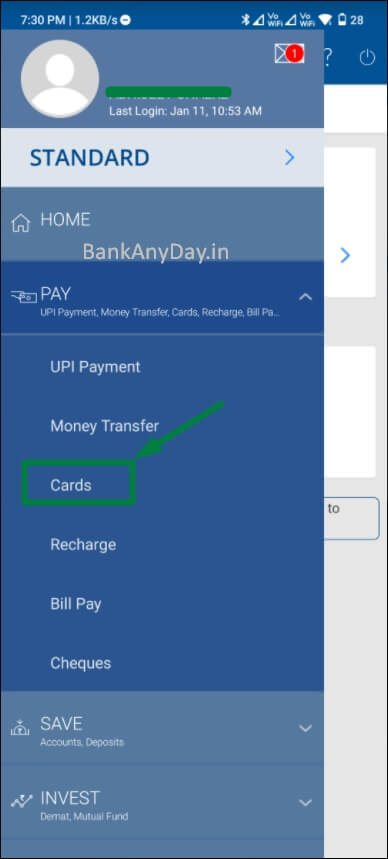 click on cards option in hdfc app