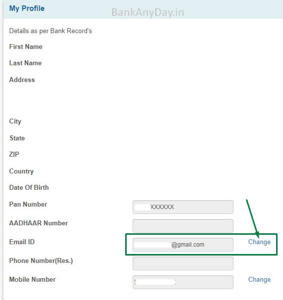 click on change email id in sbi netbanking