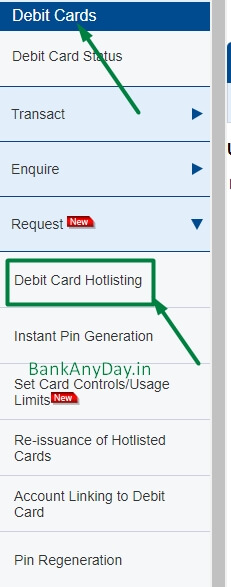 click on debit card hotlisting option in hdfc netbanking