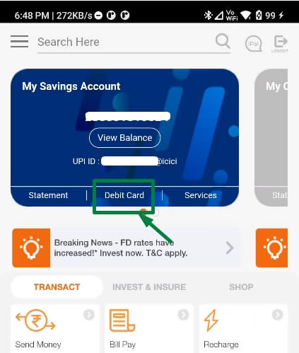 click on debit card option on imobile app