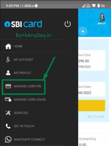 click on manage card pin in sbi card app