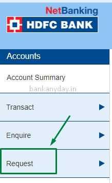 click on request option in hdfc netbanking