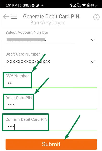 enter cvv and new atm pin in imobile app