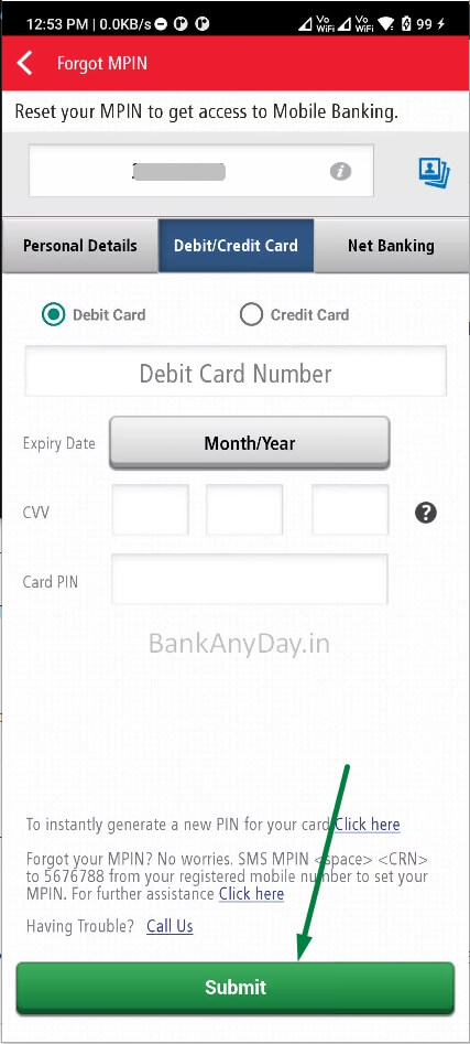 enter debit card details to change mpin