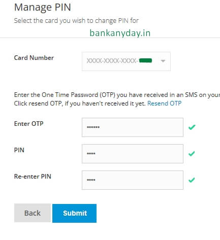 enter new pin in sbi credit card website