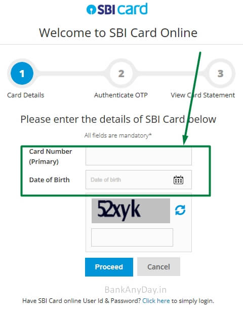 enter sbi card number and date of birth