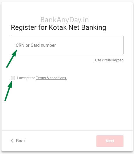 enter crn number to register on kotak net banking