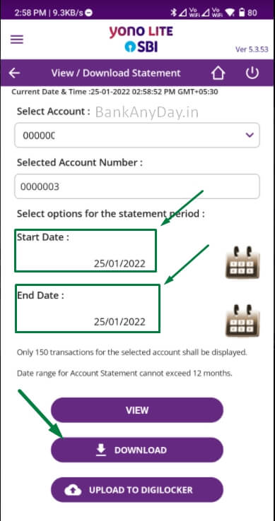 select statement duration to download statement in yono lite