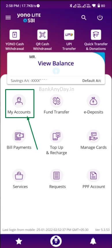 tap on my accounts in sbi yono lite