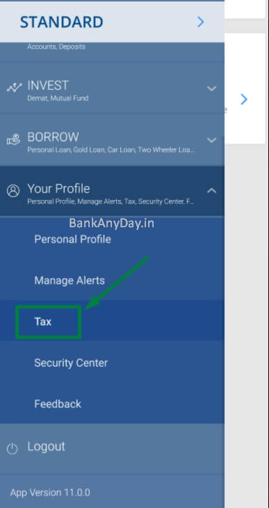 tap on tax option in hdfc app