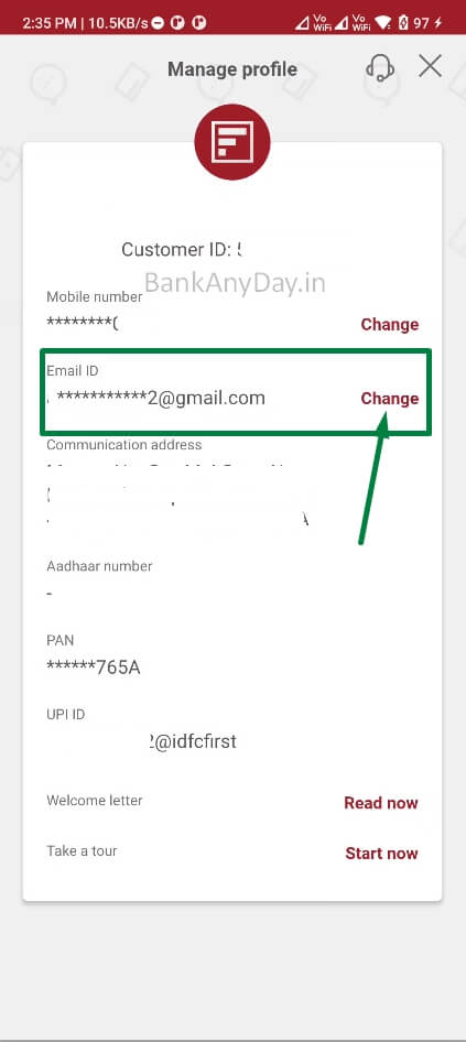 tap on update email id option in idfc app
