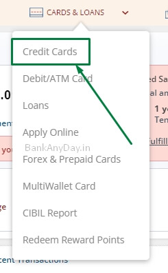 click on credit cards option in icici netbanking