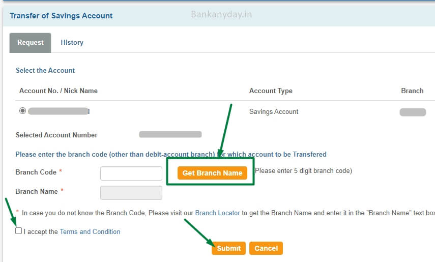 click on get branch name and select sbi branch to transfer your account
