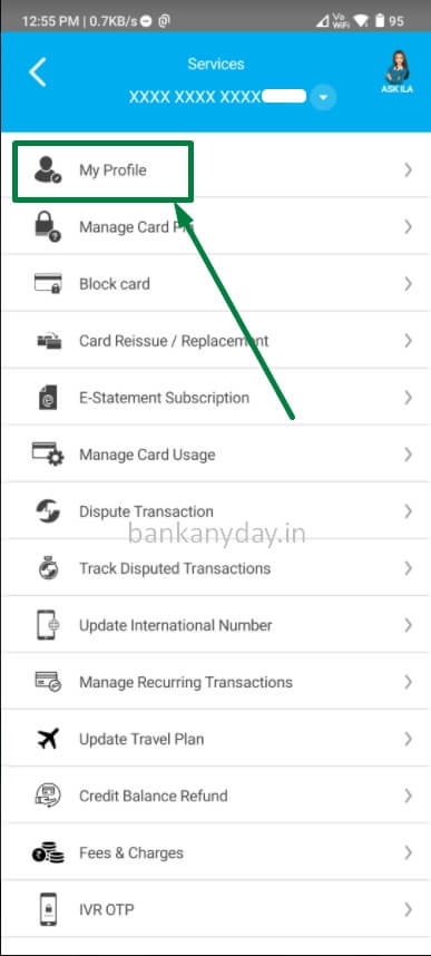 click on my profile option in sbi credit card app