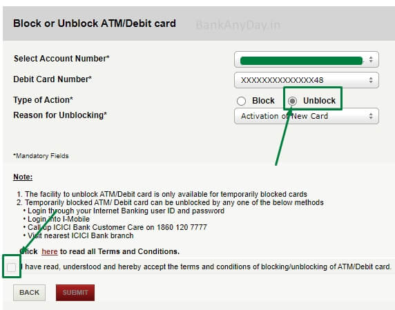 click on unblock card in icici netbanking