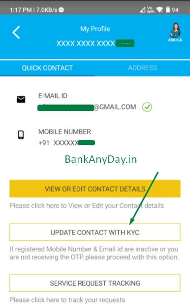 click on update contact with kyc
