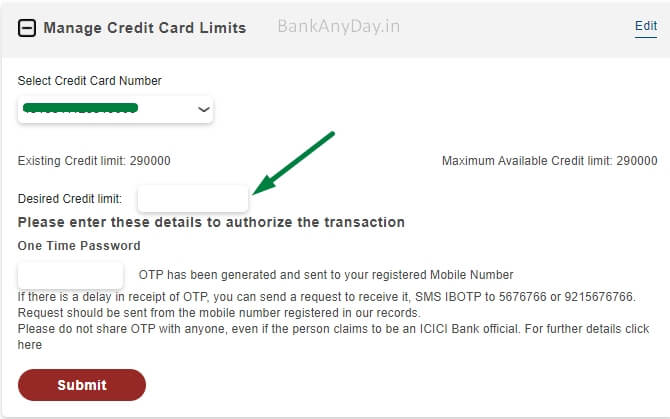 enter desired limit to increase icici credit card limit