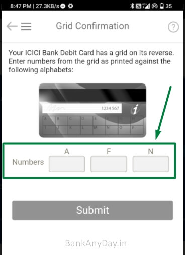 enter grid numbers in imobile to generate atm pin