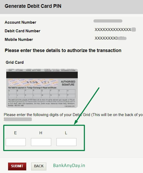 enter number grid to generate icici atm pin