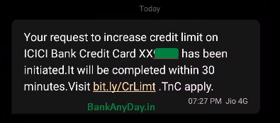 increase icici credit limit by sending sms