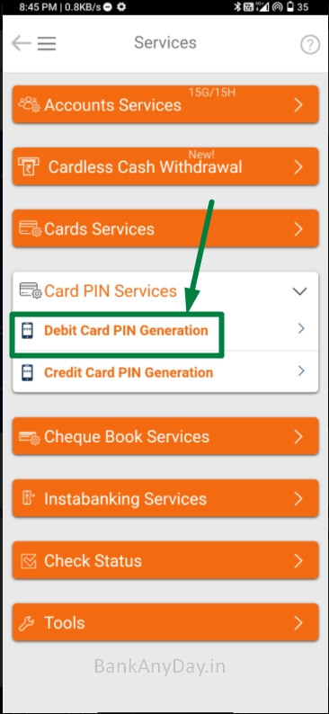 select debit card pin generation option in imobile app