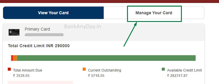 select manage your card option in icici net banking